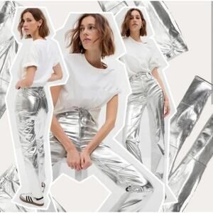 Women's Gap Cheeky Straight High Rise Silver Faux Leather Jeans, Sz 26 / 2